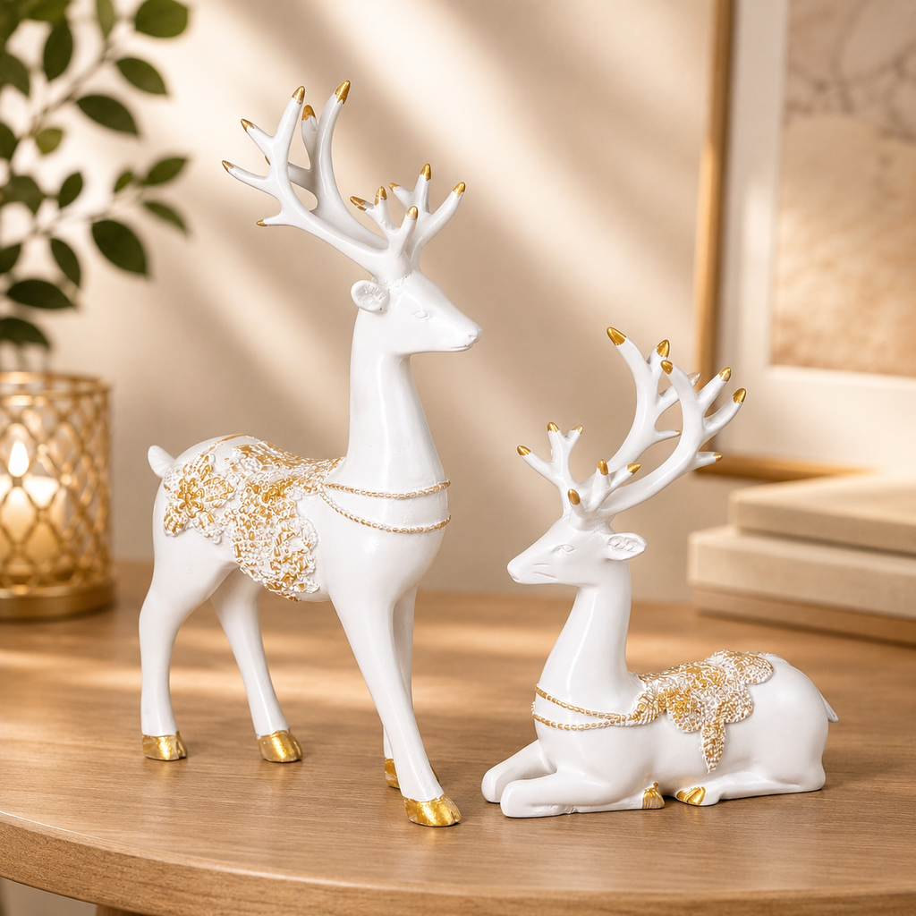 Luxury White & Golden Deer Resin Showpiece Set for Home Decor