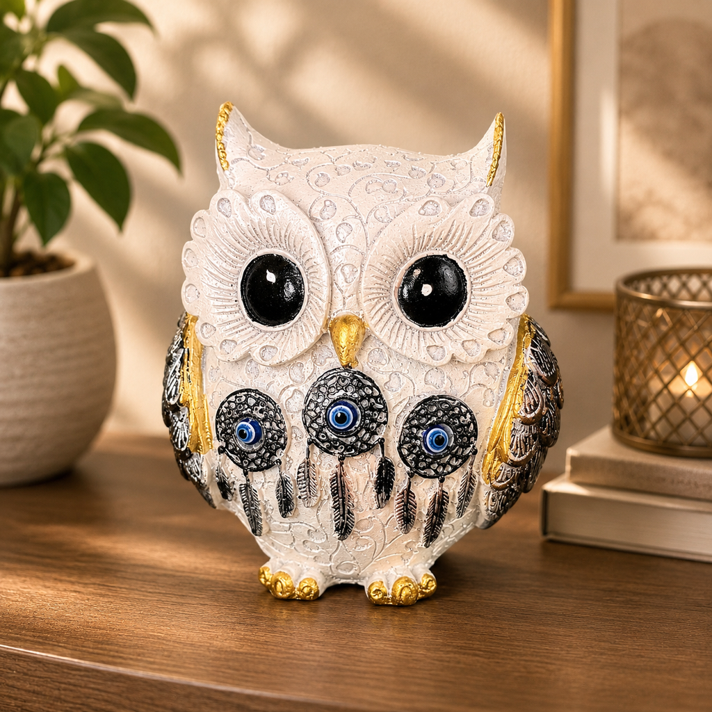 Premium Decorative Owl Resin Showpiece with Evil Eye – Gold & Ivory Variants