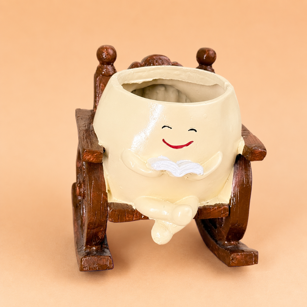 Cute Reading Smiley Rocking Chair Resin Planter Pot – Adorable Character Pot for Home & Desk Décor