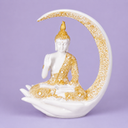 Luxury Golden & White Buddha Resin Showpiece with Moon Frame for Home Decor
