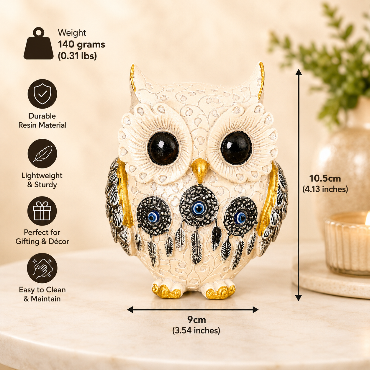 Premium Decorative Owl Resin Showpiece with Evil Eye – Gold & Ivory Variants