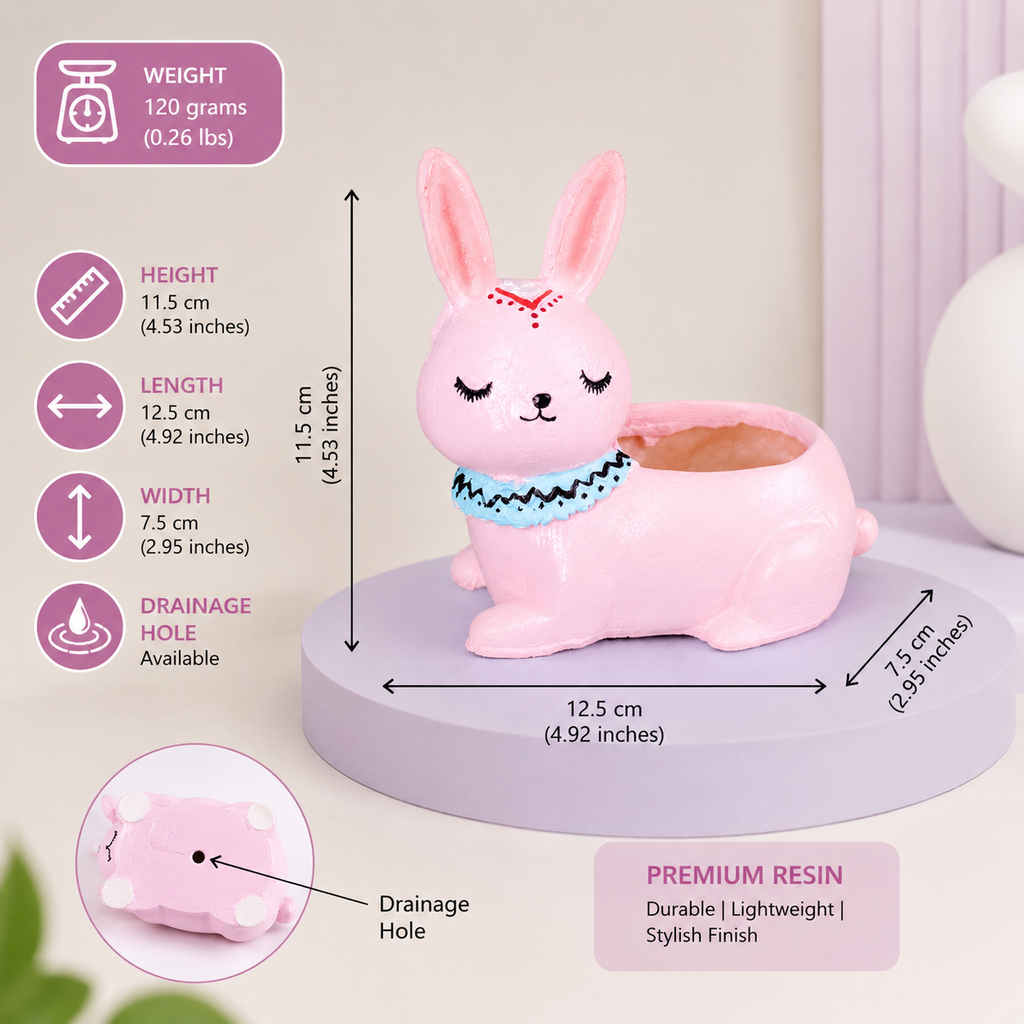 Cute Pink Bunny Resin Planter Pot – Adorable Rabbit Succulent Pot for Desk & Home Décor
