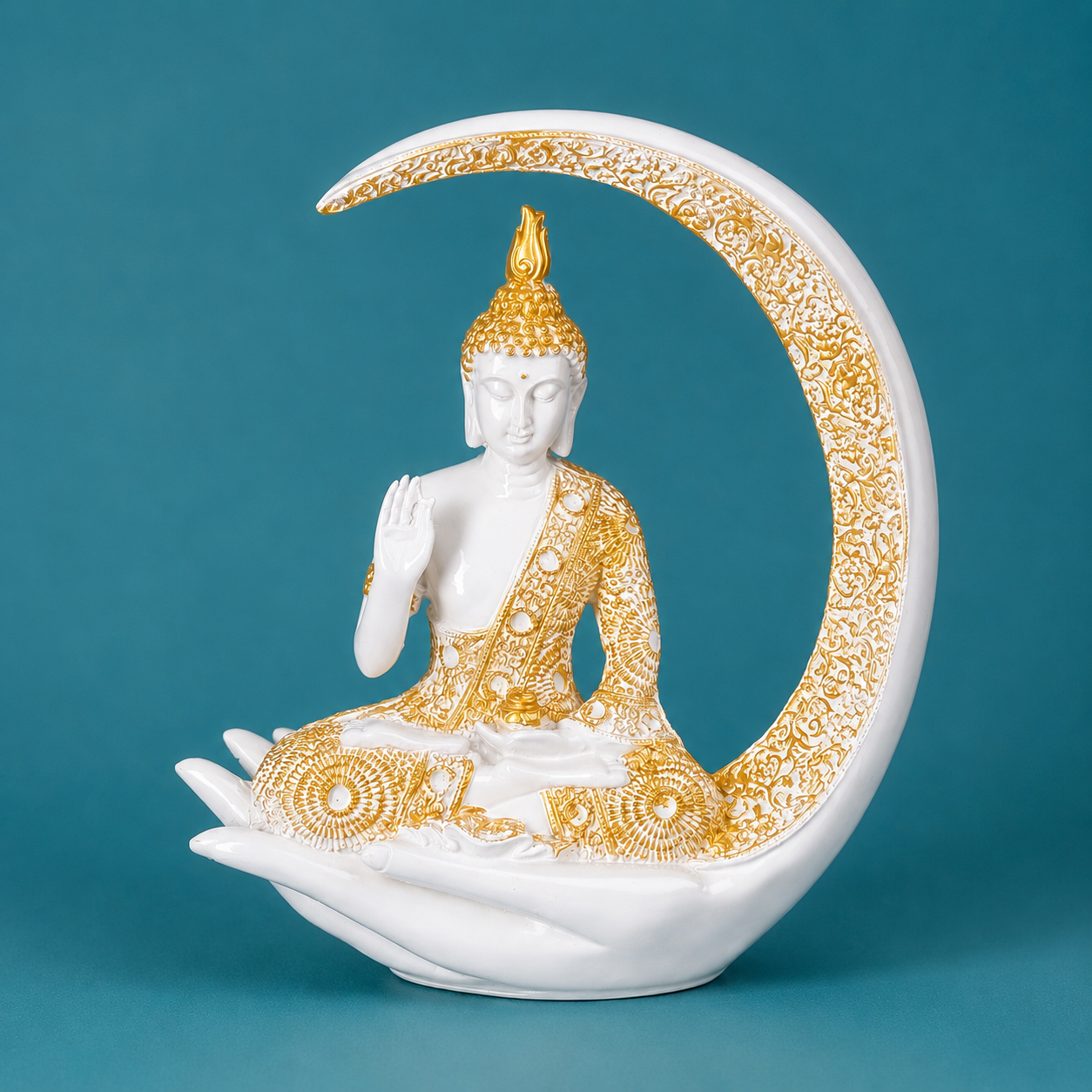 Luxury Golden & White Buddha Resin Showpiece with Moon Frame for Home Decor