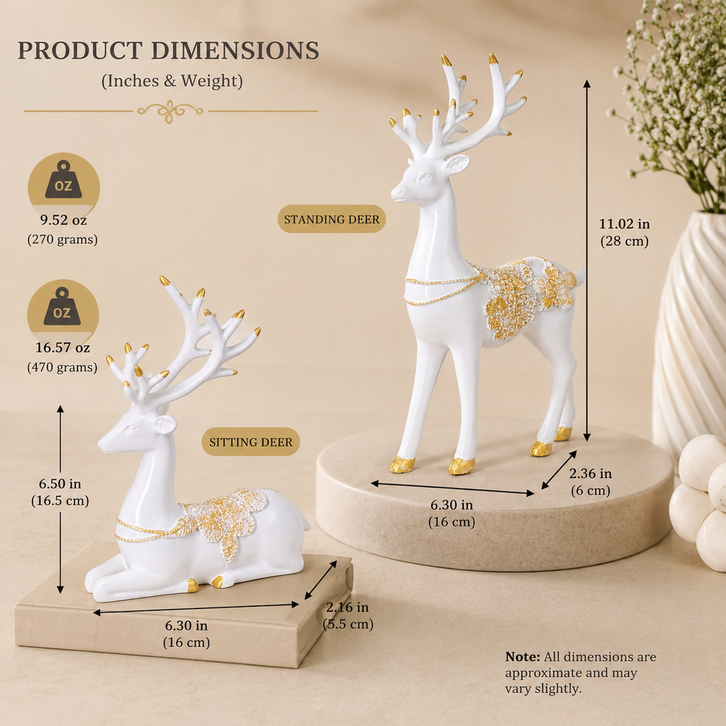 Luxury White & Golden Deer Resin Showpiece Set for Home Decor