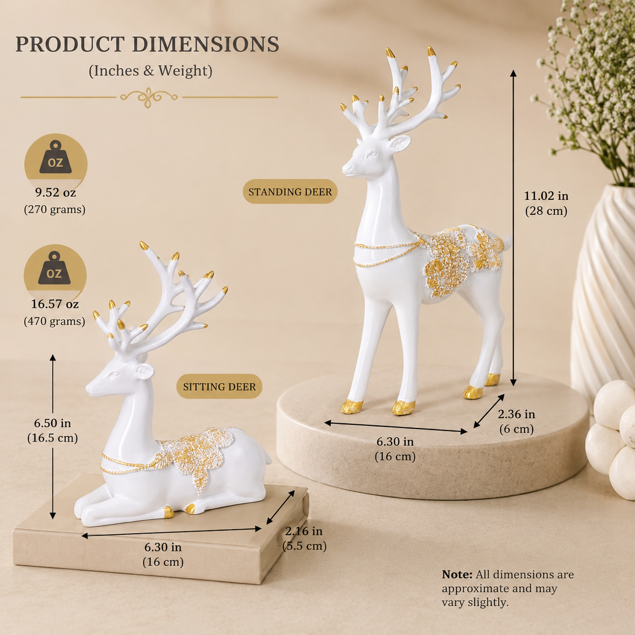 Luxury White & Golden Deer Resin Showpiece Set for Home Decor