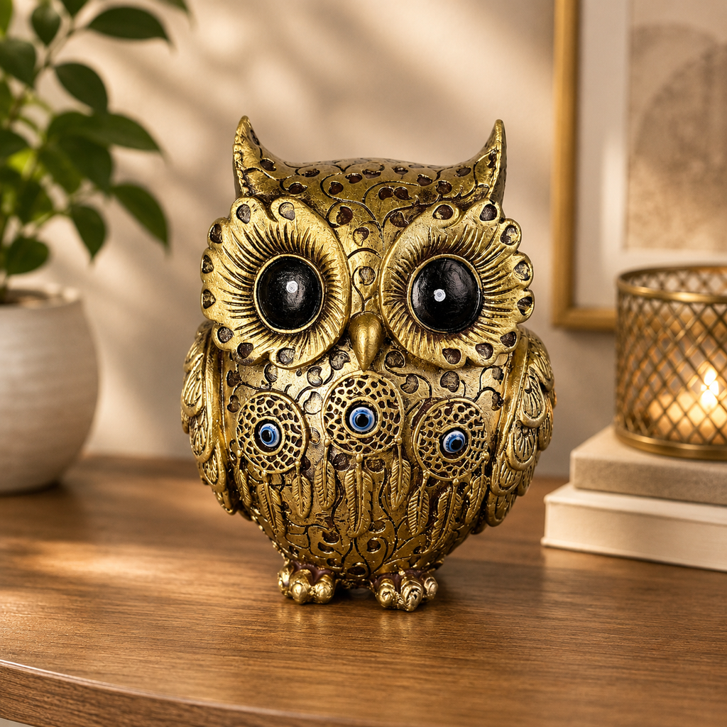 Premium Decorative Owl Resin Showpiece with Evil Eye – Gold & Ivory Variants