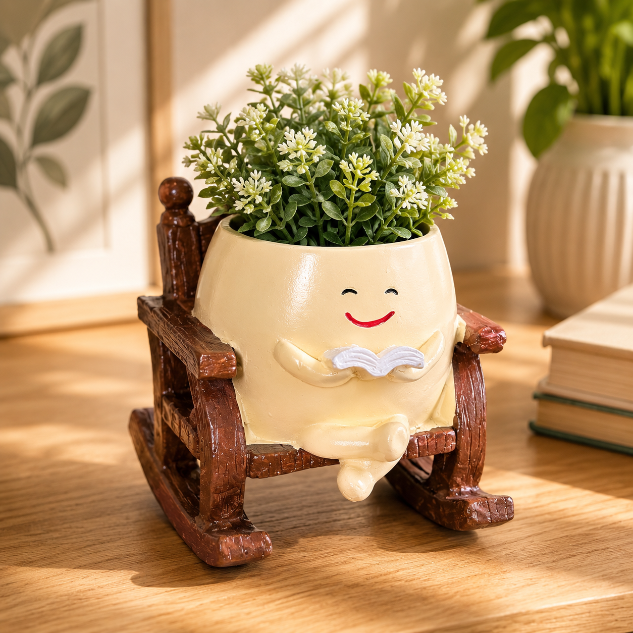 Cute Reading Smiley Rocking Chair Resin Planter Pot – Adorable Character Pot for Home & Desk Décor Main image