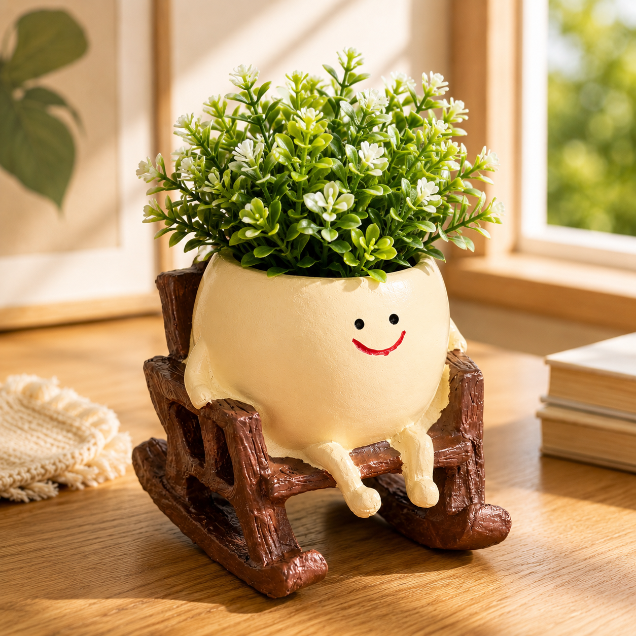 Cute Smiley Rocking Chair Resin Planter Pot – Adorable Character Succulent Pot for Home & Desk Décor