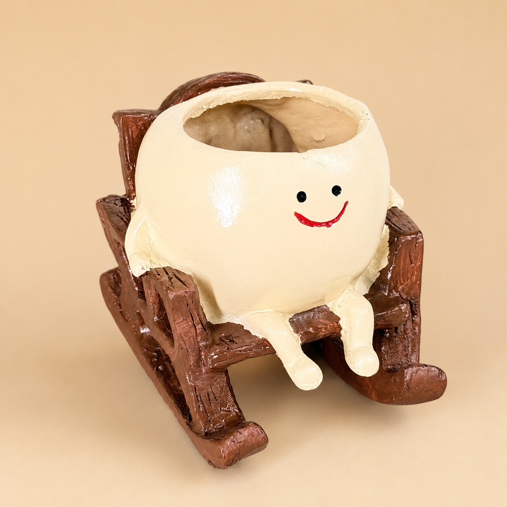 Cute Smiley Rocking Chair Resin Planter Pot – Adorable Character Succulent Pot for Home & Desk Décor