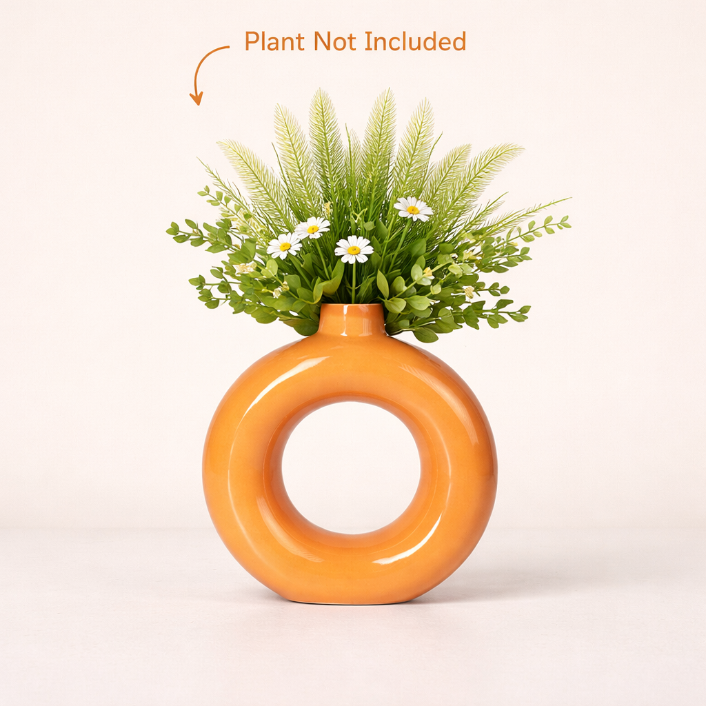 Burnt Orange Donut Ceramic Vase Planter – Modern Ring Design for Artificial Plants