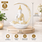 Luxury Golden & White Buddha Resin Showpiece with Moon Frame for Home Decor