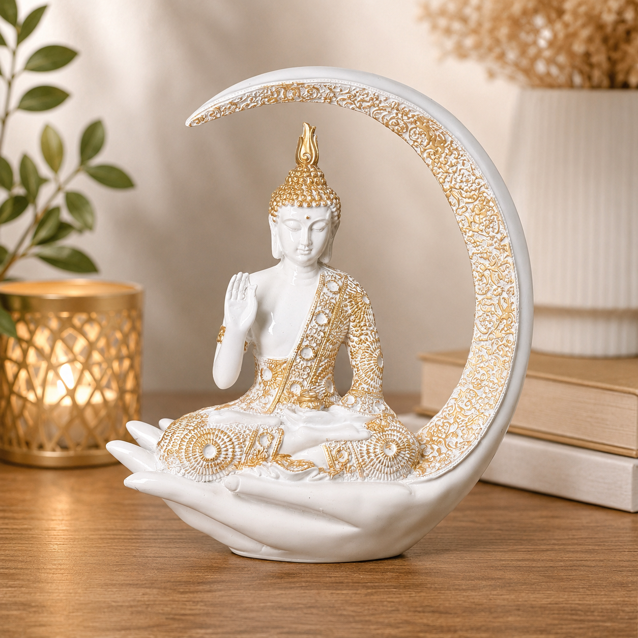 Luxury Golden & White Buddha Resin Showpiece with Moon Frame for Home Decor Secondary image