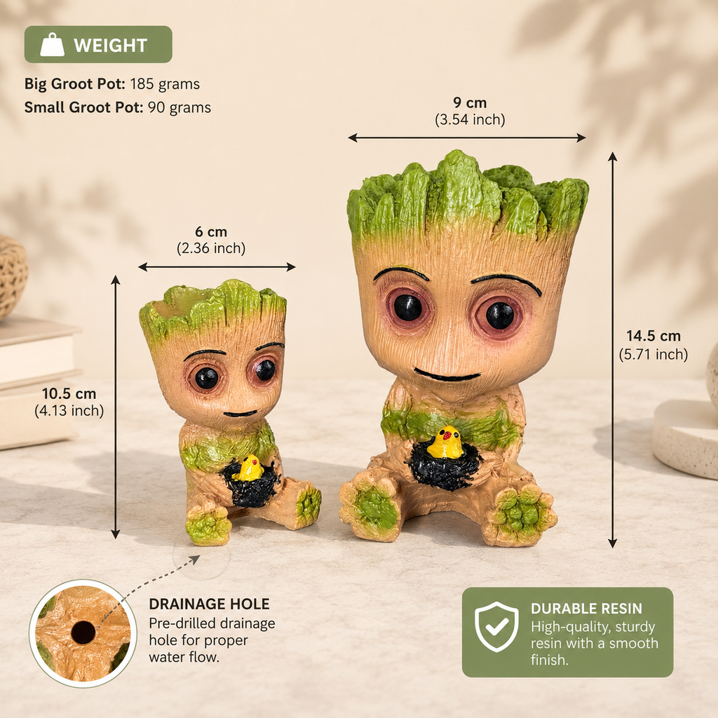 Baby Groot Resin Planter Combo Set – Cute Mini & Large Succulent Pots (Set of 2)
