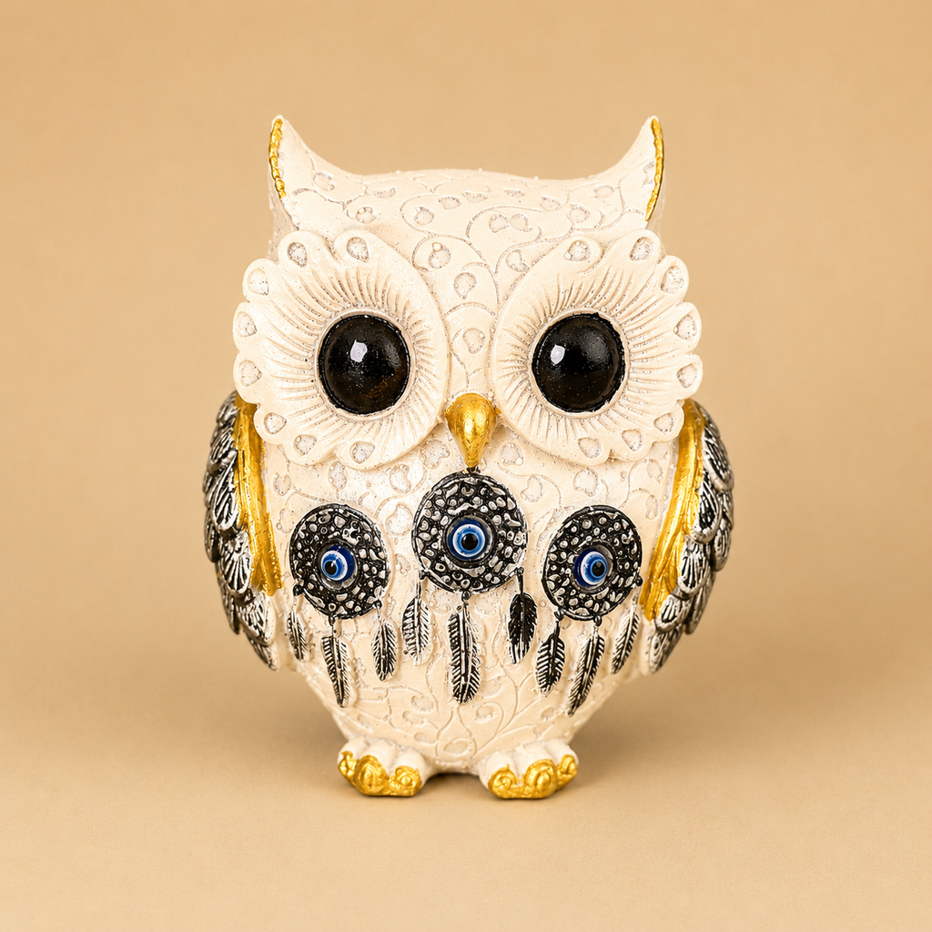 Premium Decorative Owl Resin Showpiece with Evil Eye – Gold & Ivory Variants