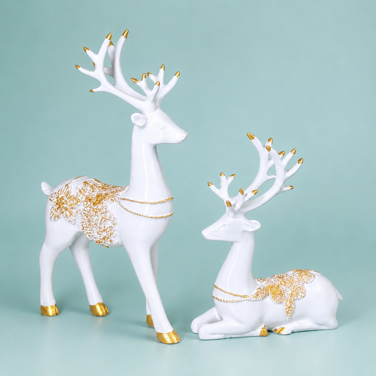 Luxury White & Golden Deer Resin Showpiece Set for Home Decor