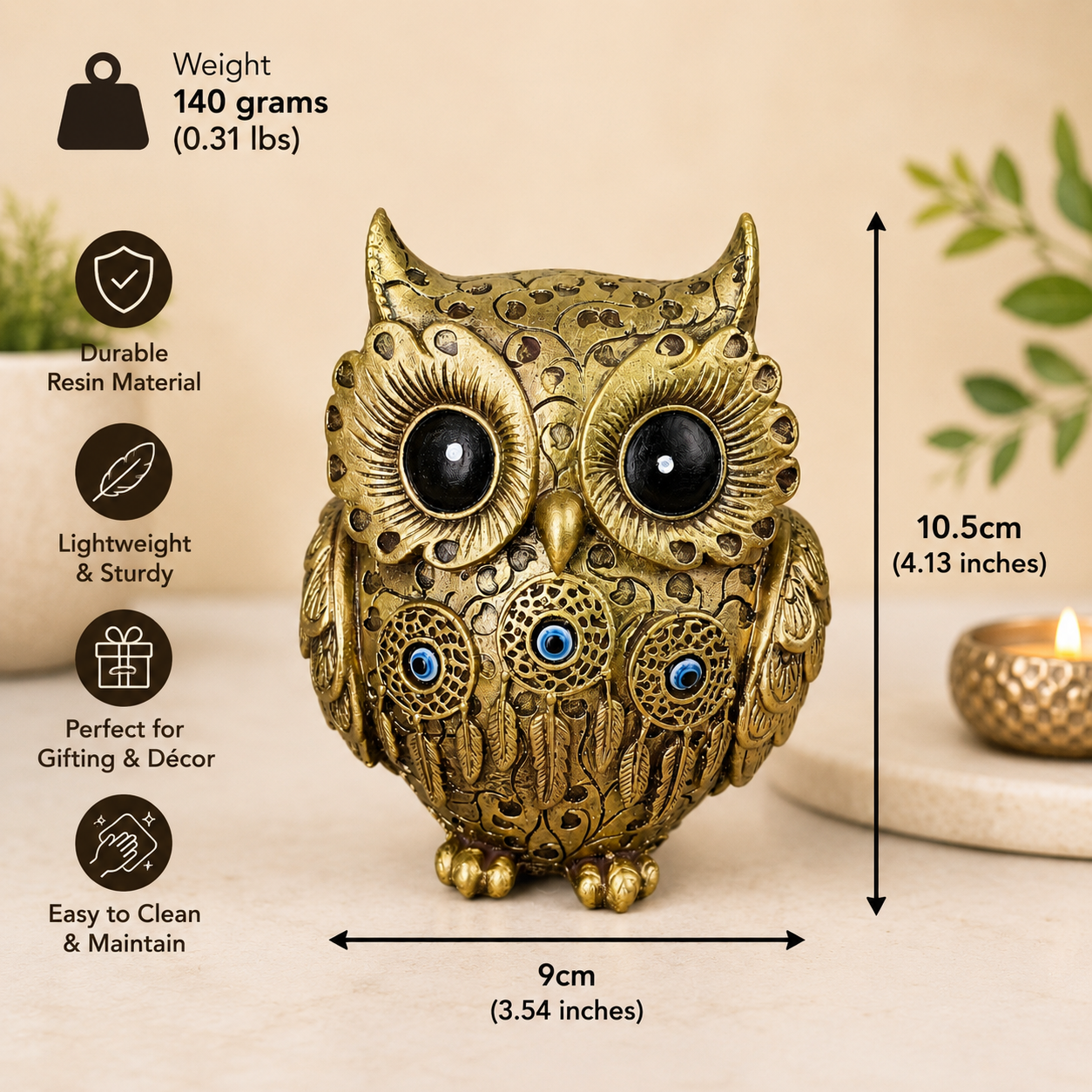 Premium Decorative Owl Resin Showpiece with Evil Eye – Gold & Ivory Variants