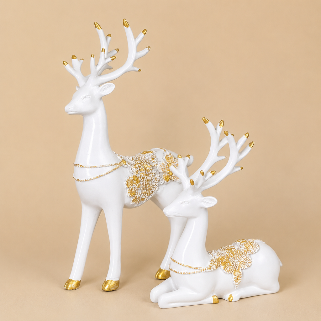 Luxury White & Golden Deer Resin Showpiece Set for Home Decor