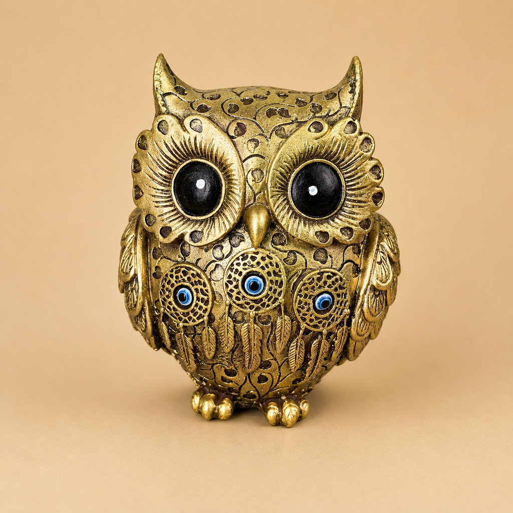 Premium Decorative Owl Resin Showpiece with Evil Eye – Gold & Ivory Variants