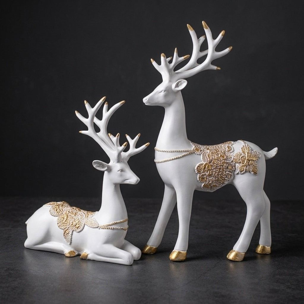 Luxury White & Golden Deer Resin Showpiece Set for Home Decor