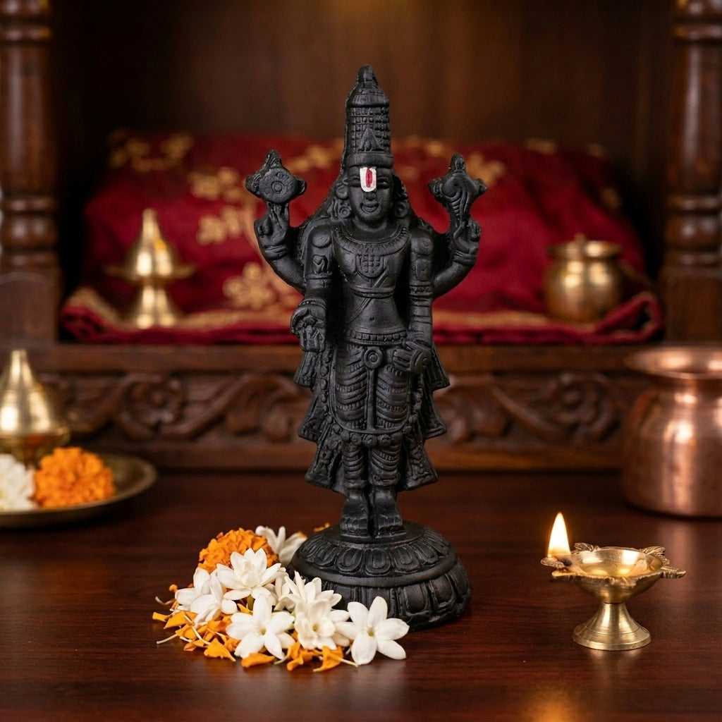 Lord Balaji Venkateswara Resin Idol – Black Finish Divine Home Temple Statue