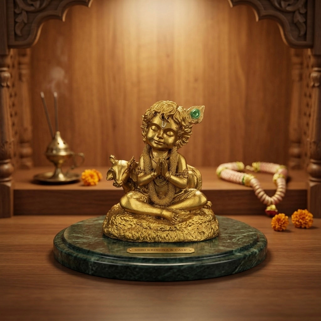 Bal Krishna Namaste Resin Idol (White & Gold) – Cute Baby Krishna Décor Statue
