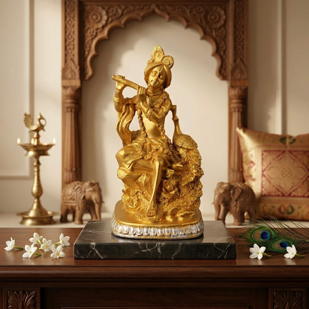 Lord Krishna Playing Flute Resin Idol (Gold & Multicolor) – Premium Spiritual Décor Secondary image
