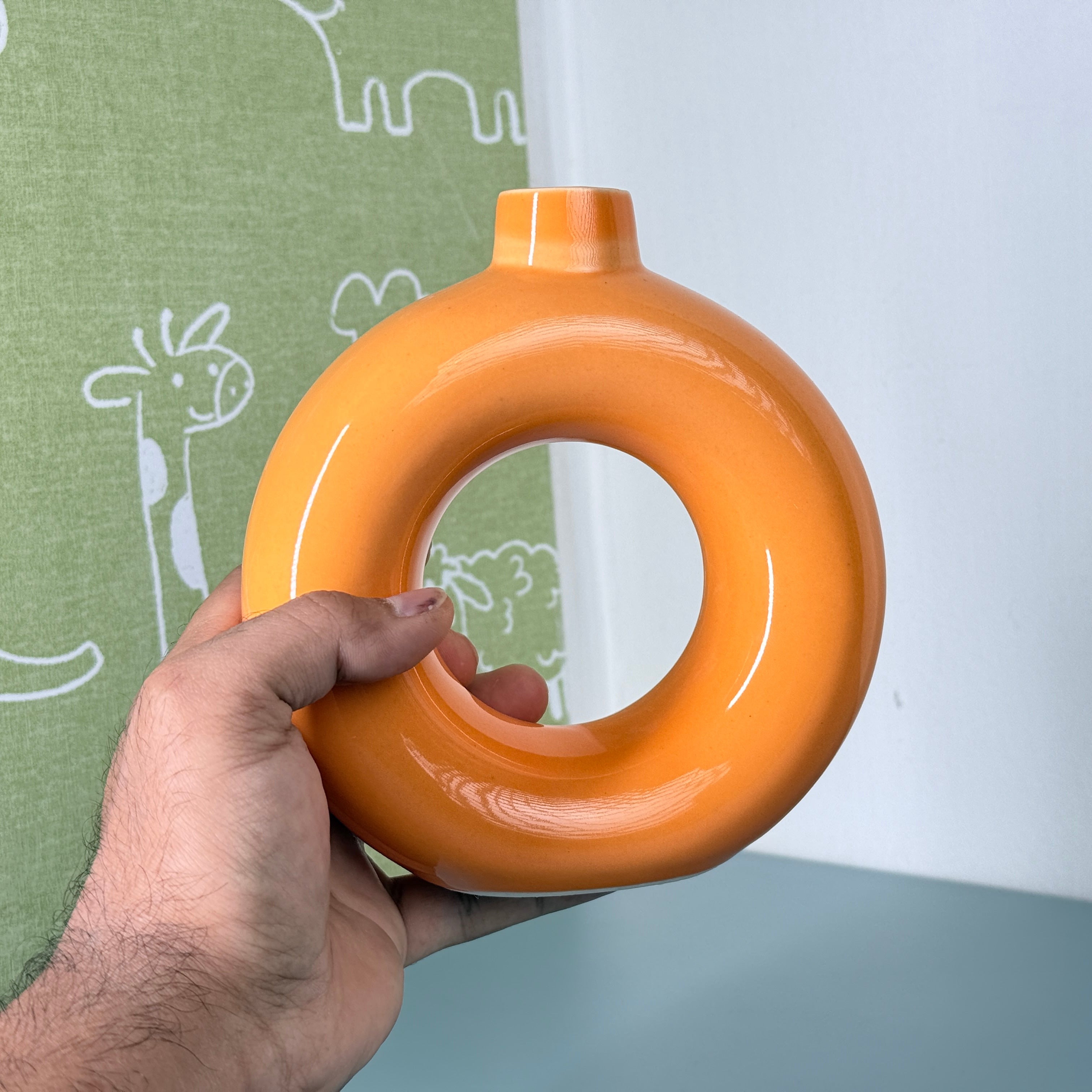 Burnt Orange Donut Ceramic Vase Planter – Modern Ring Design for Artificial Plants