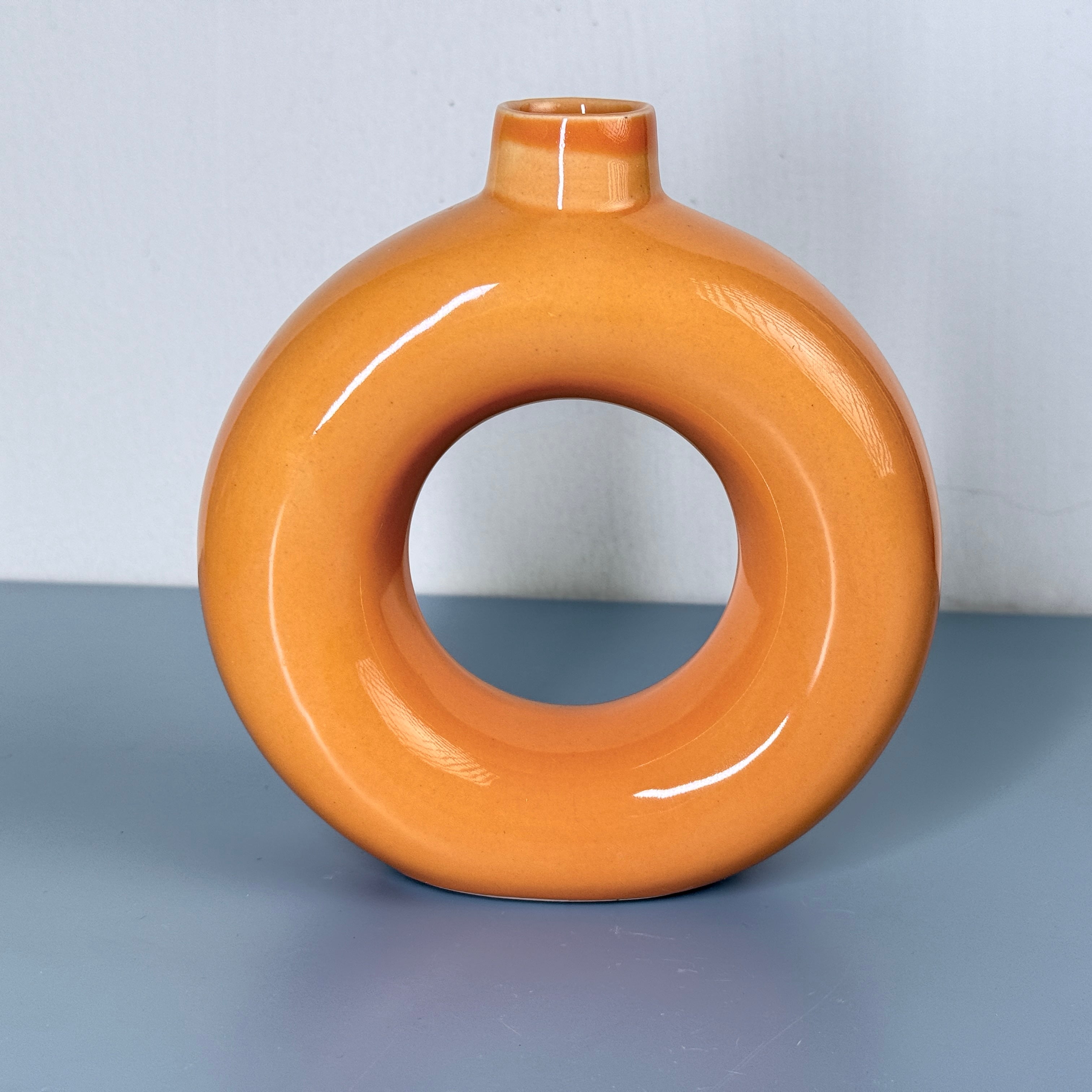 Burnt Orange Donut Ceramic Vase Planter – Modern Ring Design for Artificial Plants
