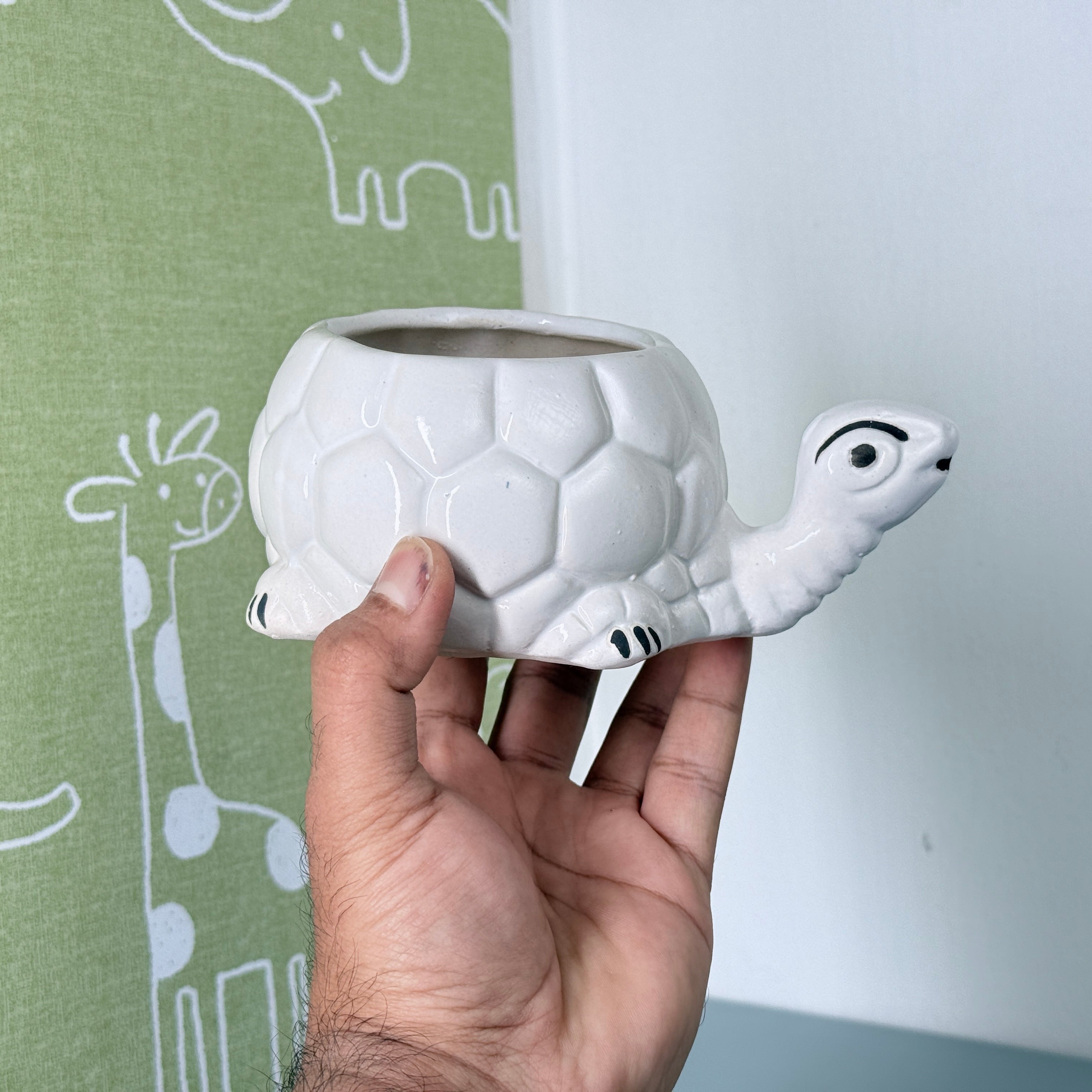 White Turtle Ceramic Planter Pot – Cute Animal Indoor Plant Pot with Drainage Hole