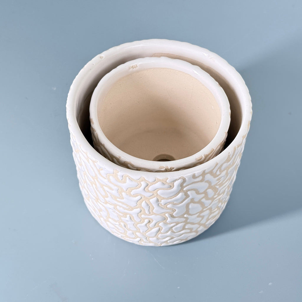White Textured Ceramic Planter Set of 2 – Modern Indoor Decorative Pots