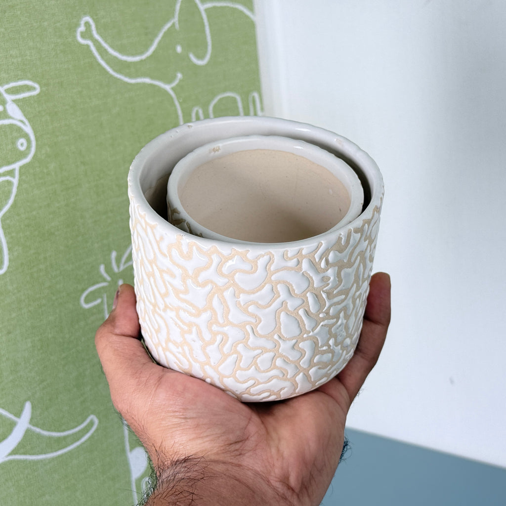 White Textured Ceramic Planter Set of 2 – Modern Indoor Decorative Pots