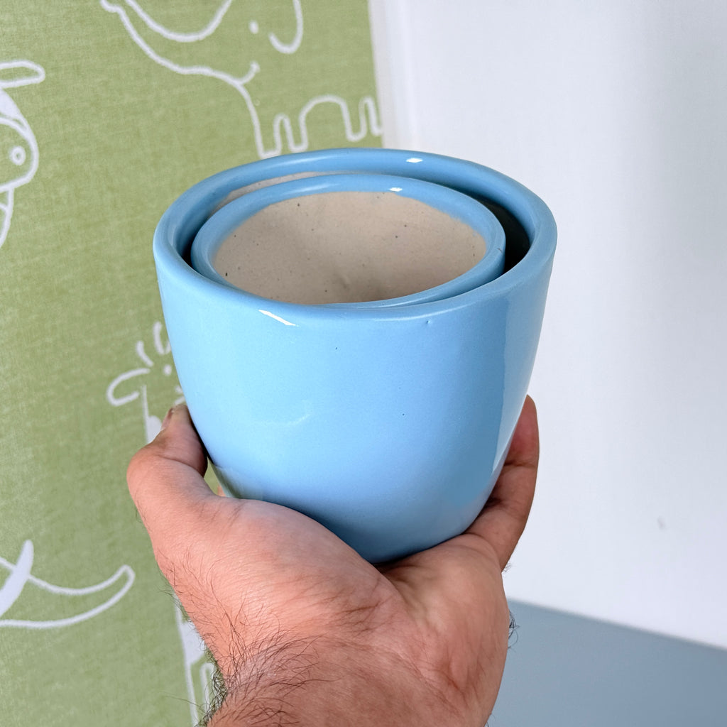 Sky Blue Ceramic Planter Set of 2 – Minimal Indoor Decorative Plant Pots