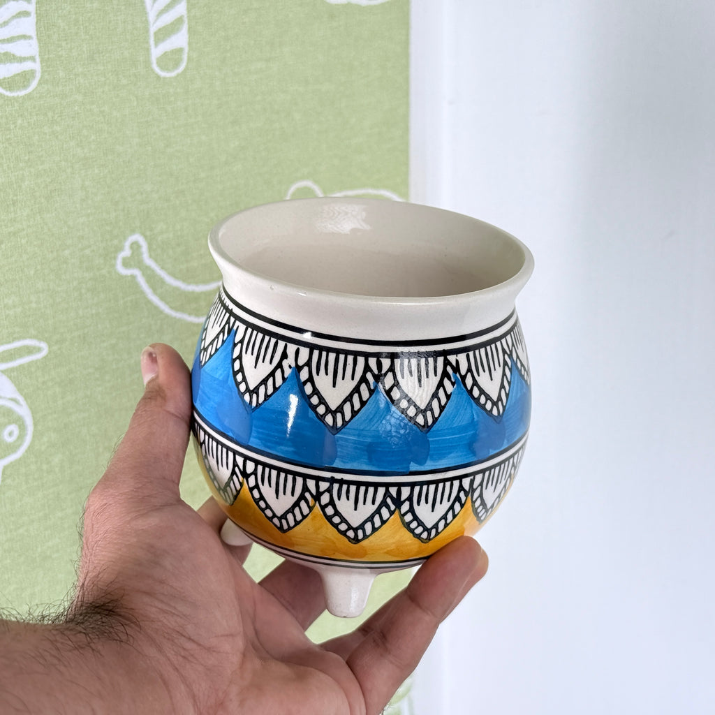 Boho Pattern Ceramic Planter Pot 11cm – Artistic Indoor Plant Holder with Tripod Base
