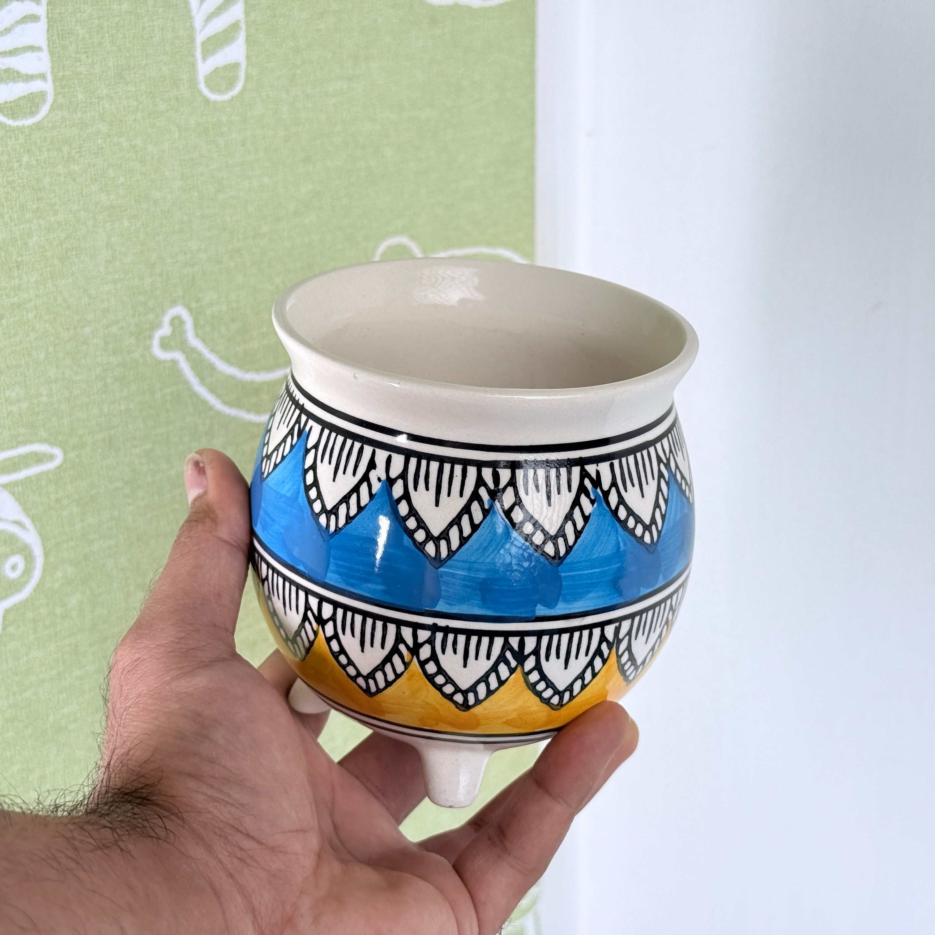 Boho Pattern Ceramic Planter Pot 11cm – Artistic Indoor Plant Holder with Tripod Base