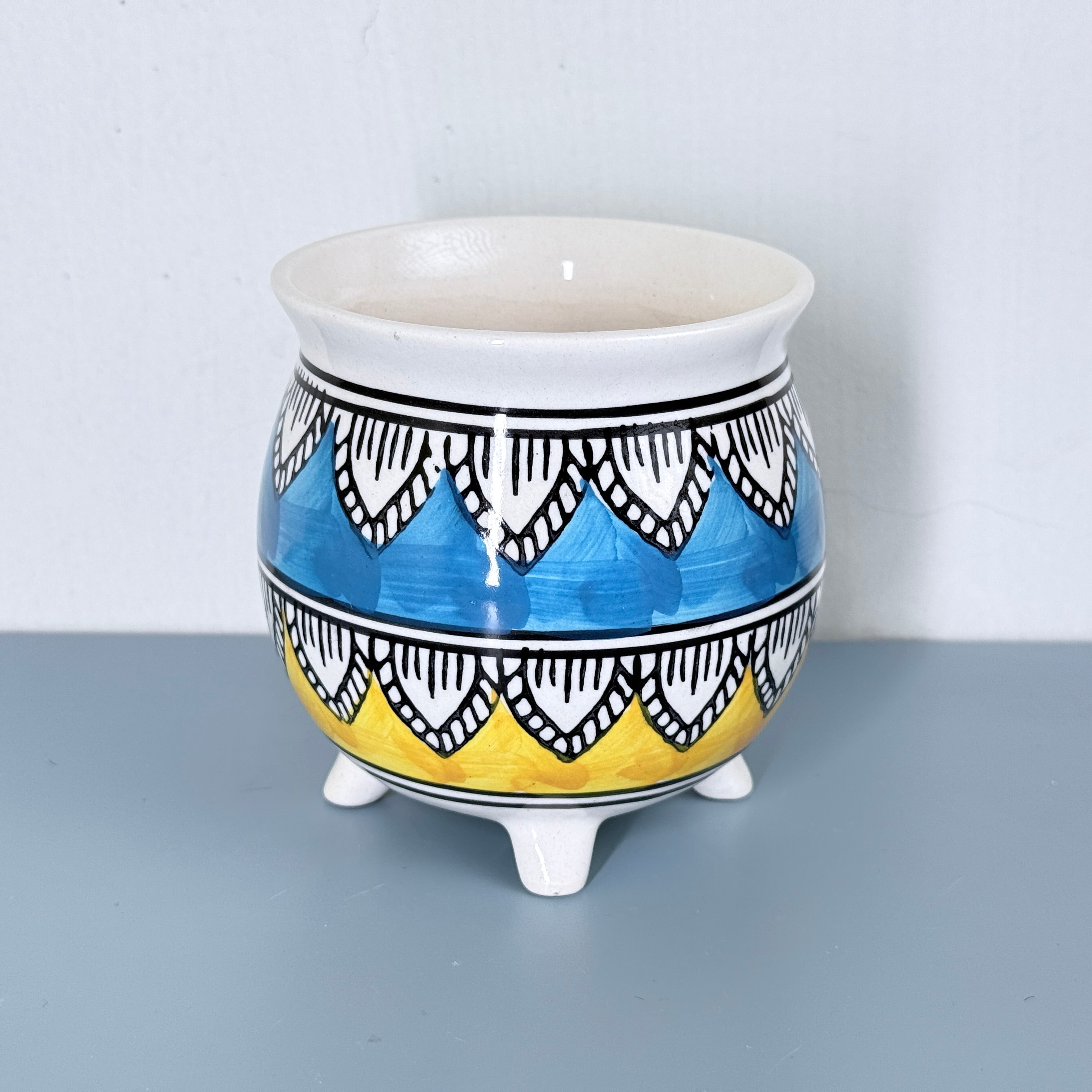 Boho Pattern Ceramic Planter Pot 11cm – Artistic Indoor Plant Holder with Tripod Base