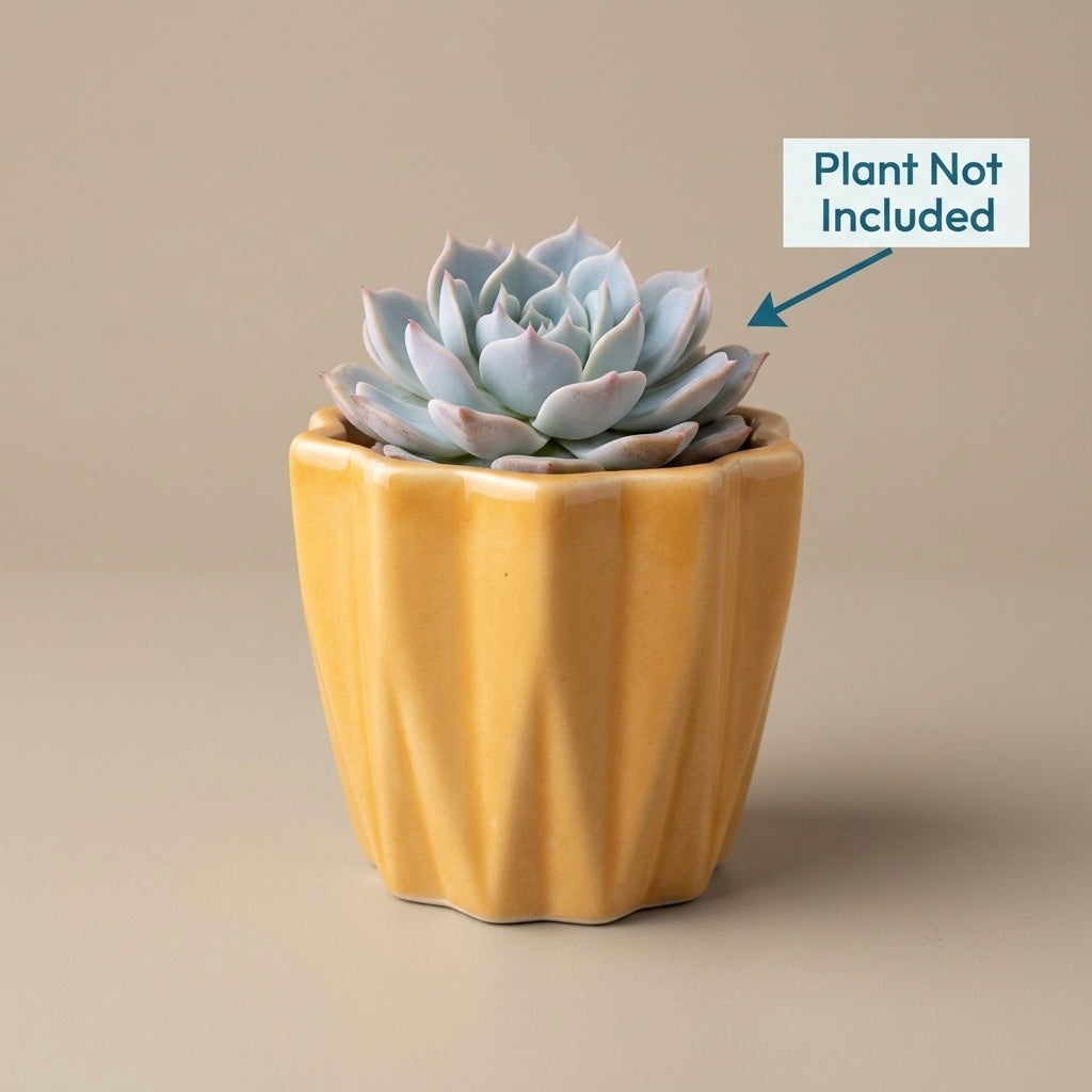Textured Mustard Ceramic Planter Pot – Modern Ribbed Indoor Plant Pot with Drainage Hole