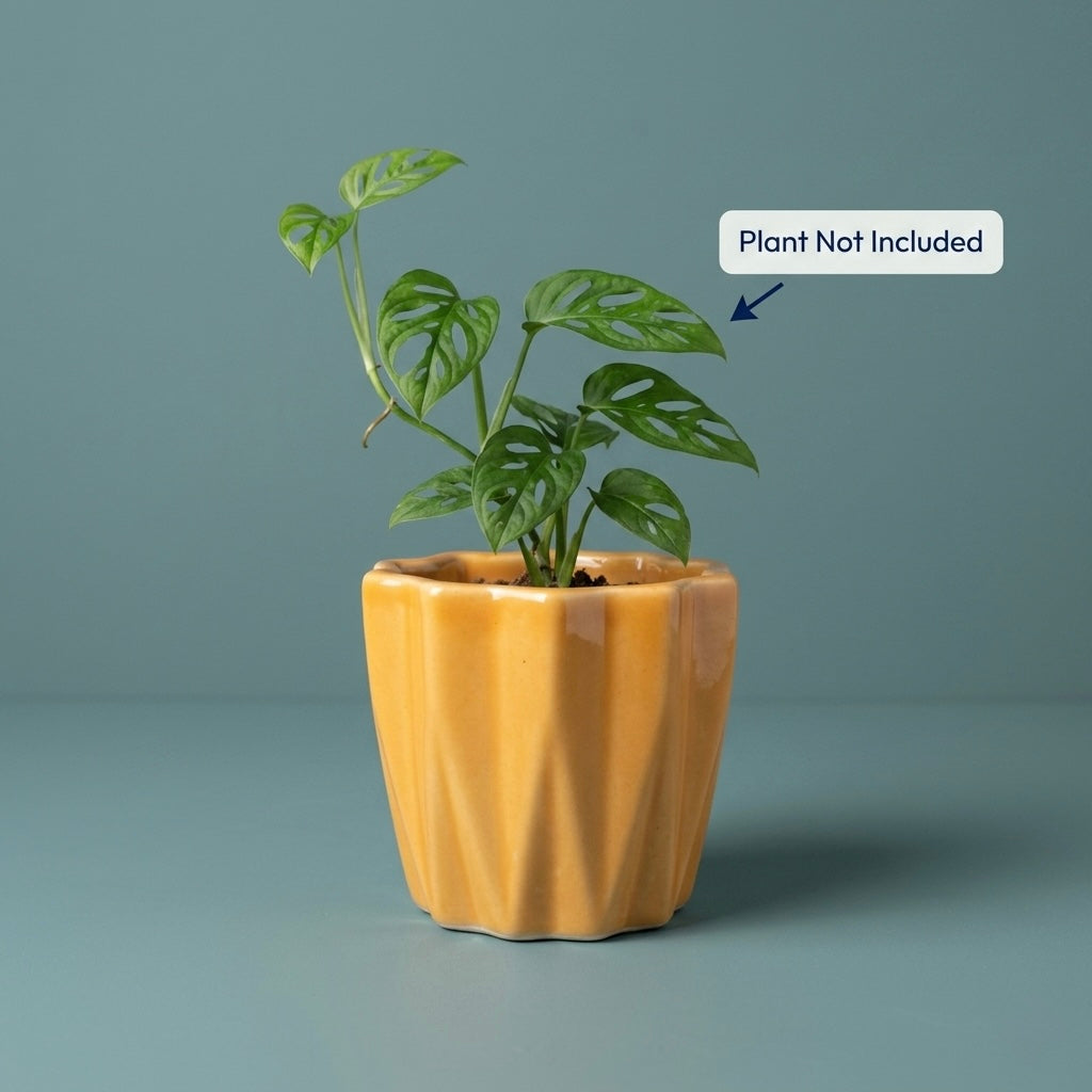 Textured Mustard Ceramic Planter Pot – Modern Ribbed Indoor Plant Pot with Drainage Hole Main image