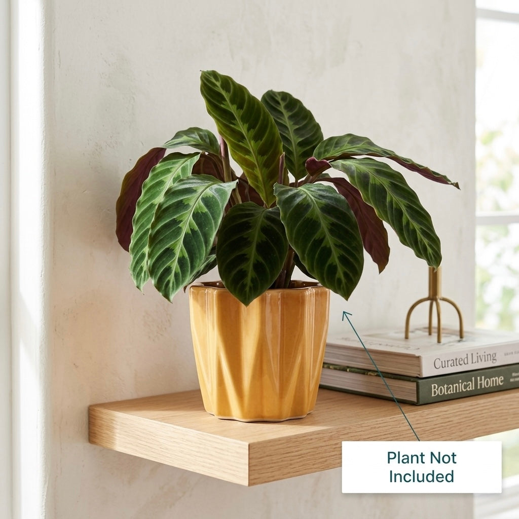 Textured Mustard Ceramic Planter Pot – Modern Ribbed Indoor Plant Pot with Drainage Hole