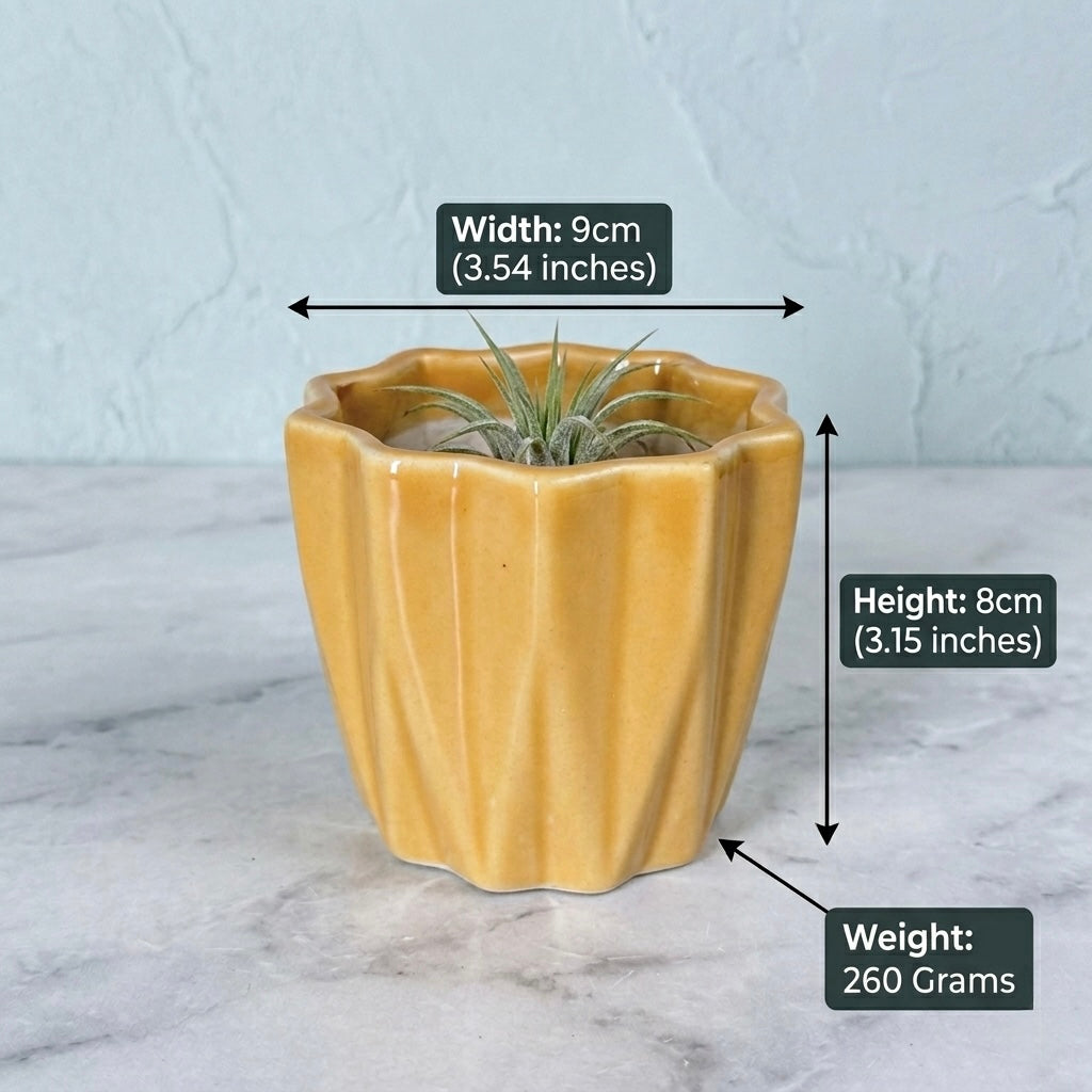 Textured Mustard Ceramic Planter Pot – Modern Ribbed Indoor Plant Pot with Drainage Hole