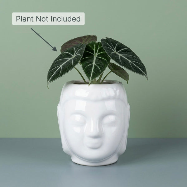White Buddha Face Ceramic Planter Pot – Artistic Modern Indoor Plant Pot with Drainage Hole