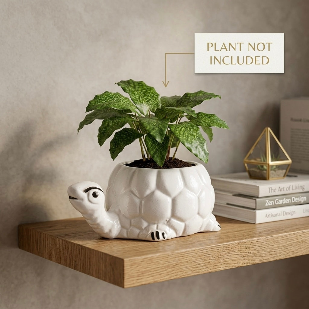 White Turtle Ceramic Planter Pot – Cute Animal Indoor Plant Pot with Drainage Hole