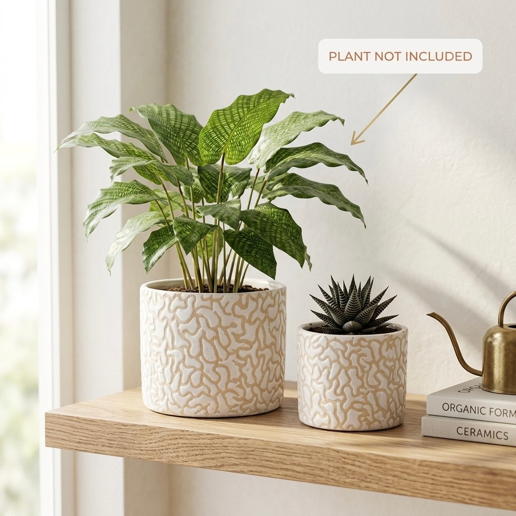 White Textured Ceramic Planter Set of 2 – Modern Indoor Decorative Pots