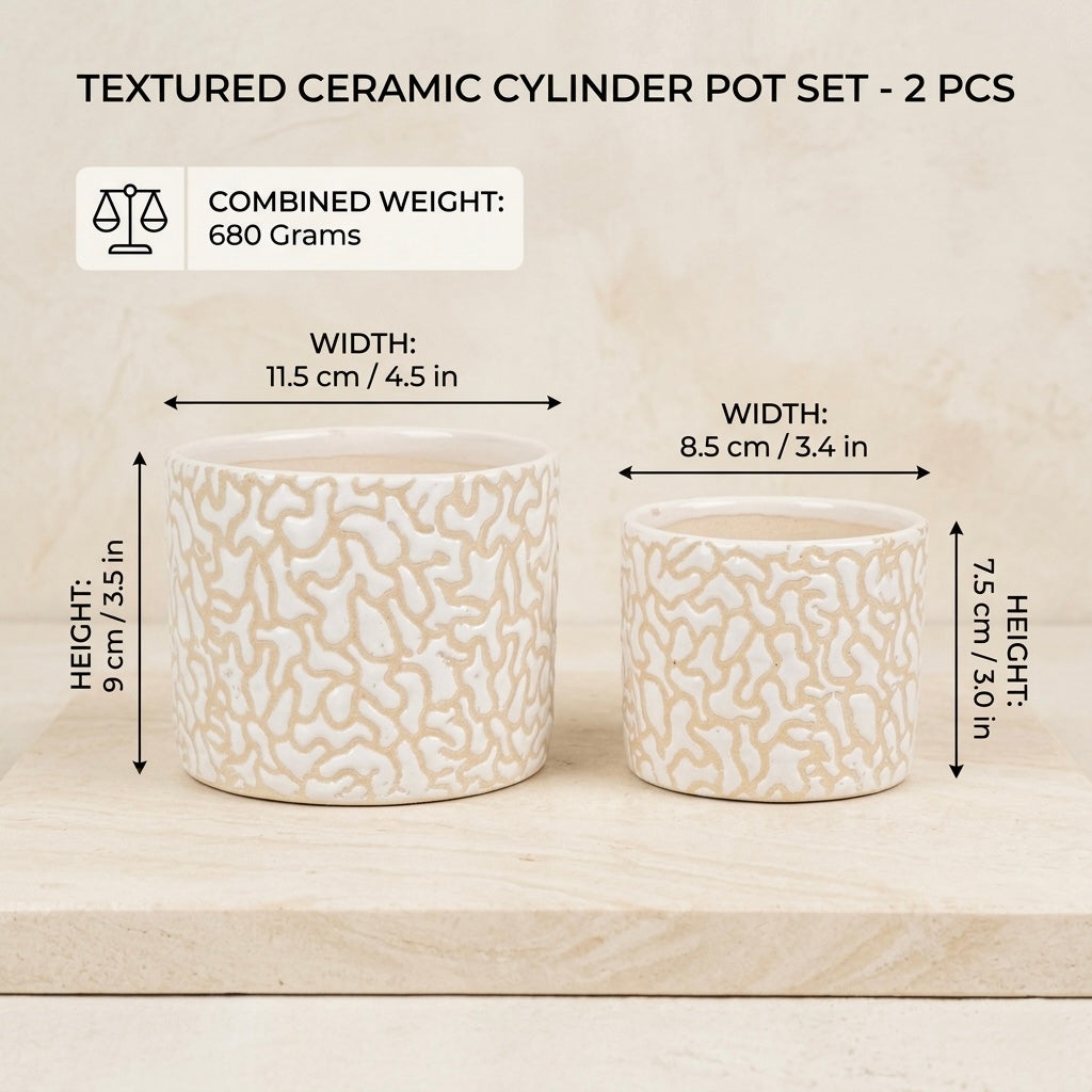 White Textured Ceramic Planter Set of 2 – Modern Indoor Decorative Pots