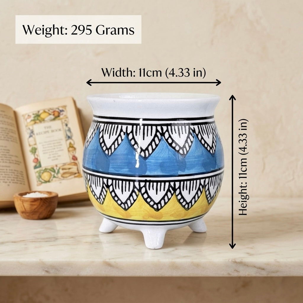 Boho Pattern Ceramic Planter Pot 11cm – Artistic Indoor Plant Holder with Tripod Base
