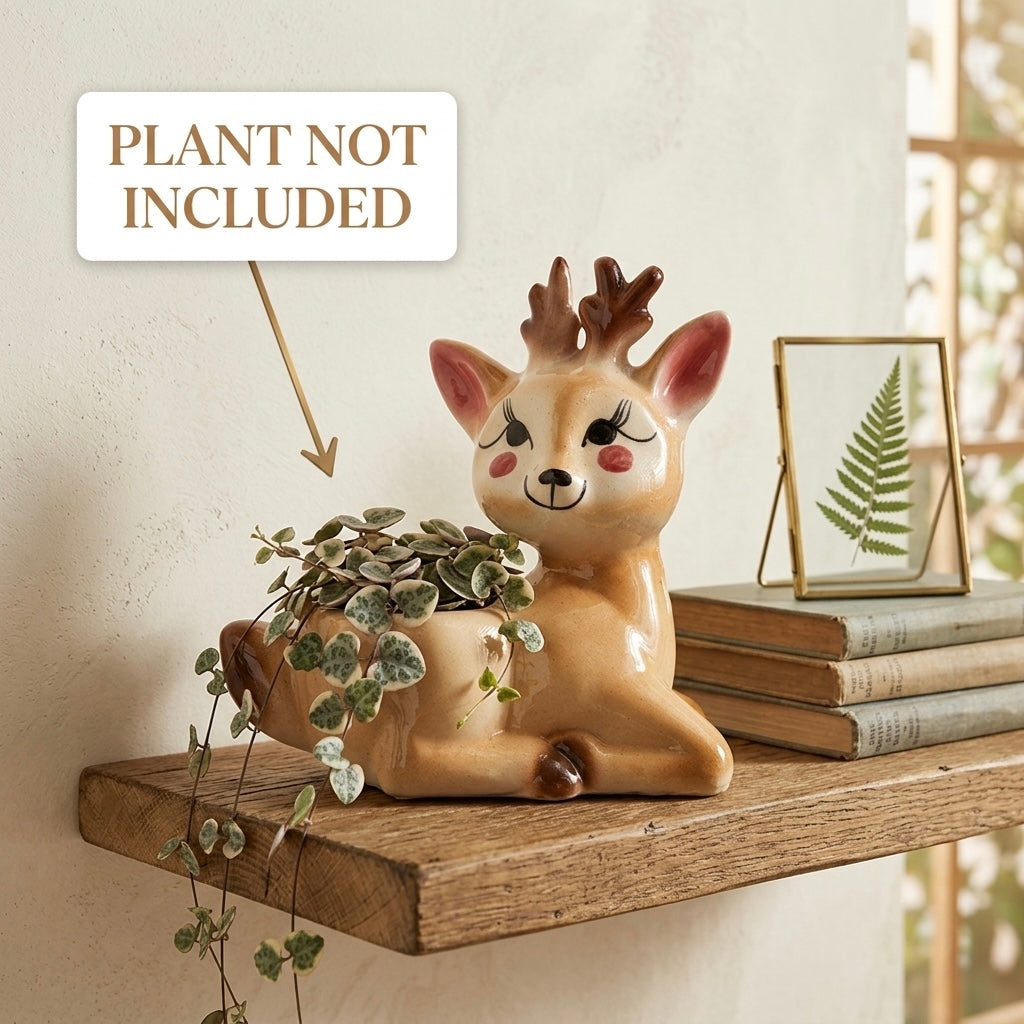Cute Deer Ceramic Planter Pot 20.5cm – Decorative Indoor Animal Planter