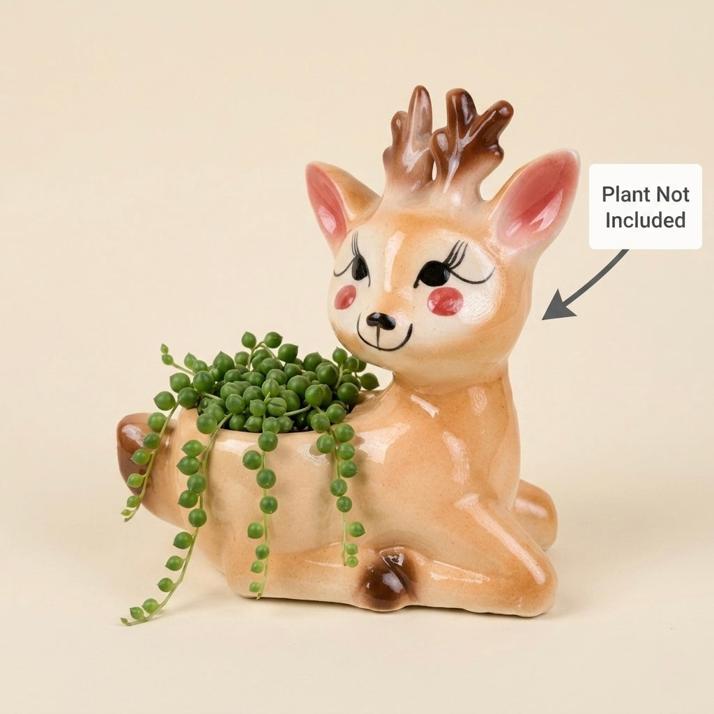 Cute Deer Ceramic Planter Pot 20.5cm – Decorative Indoor Animal Planter