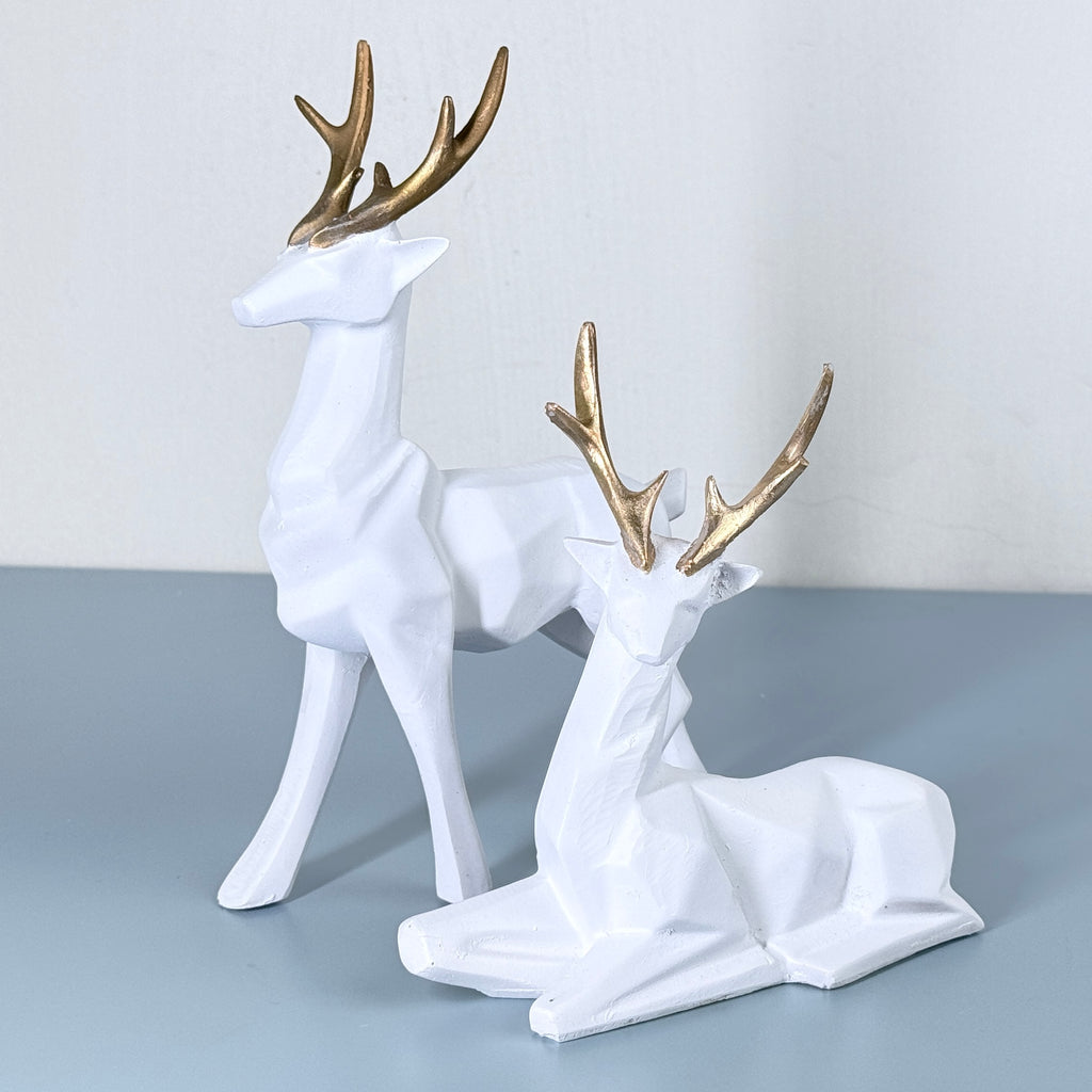 Modern White & Golden Deer Resin Showpiece Set for Home Decor