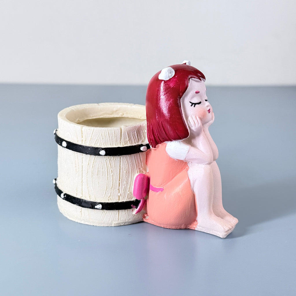 Cute Angel Girl Resin Planter Pot with Barrel – Mini Decorative Succulent Holder