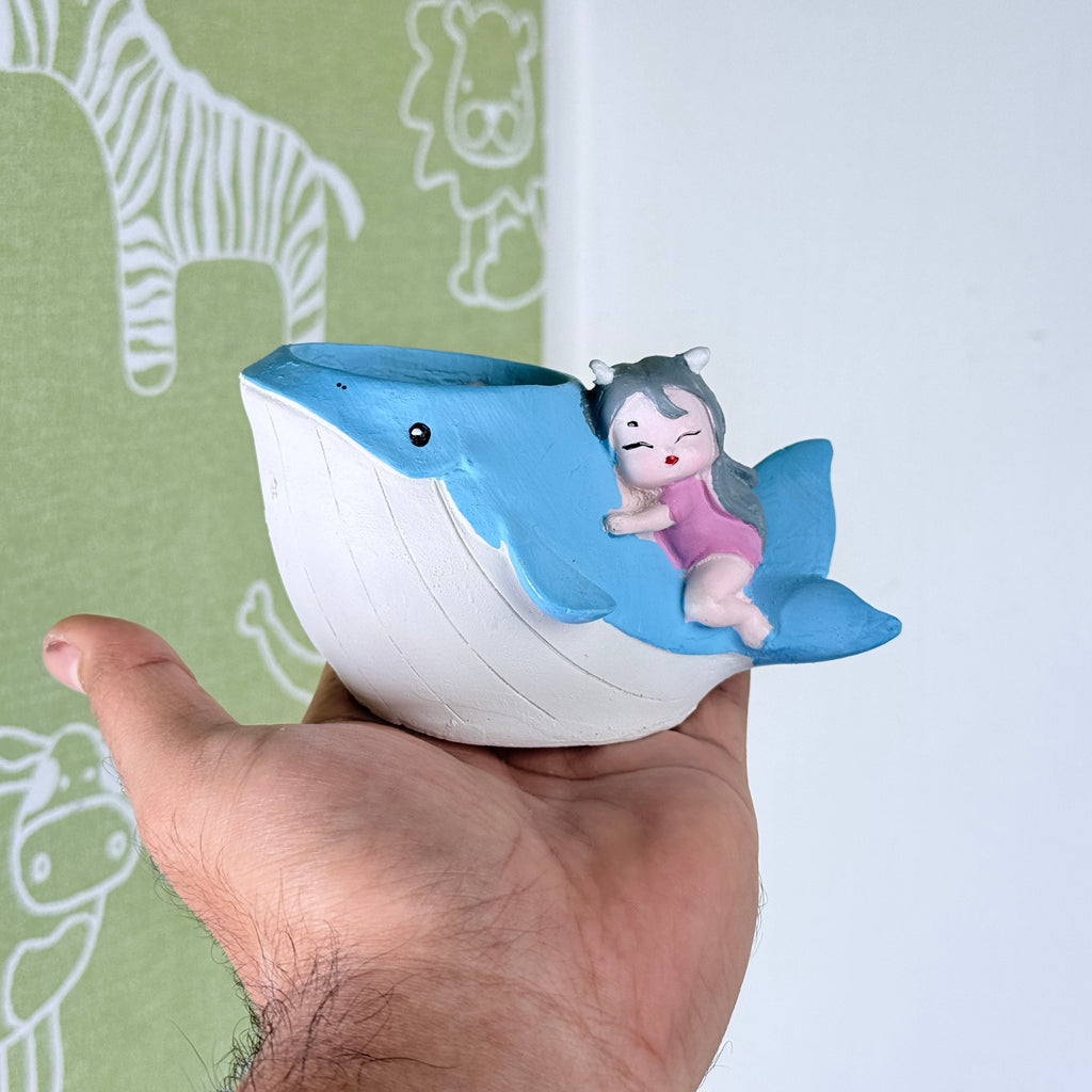 Cute Whale Girl Resin Planter Pot – Ocean Theme Mini Decorative Succulent Holder