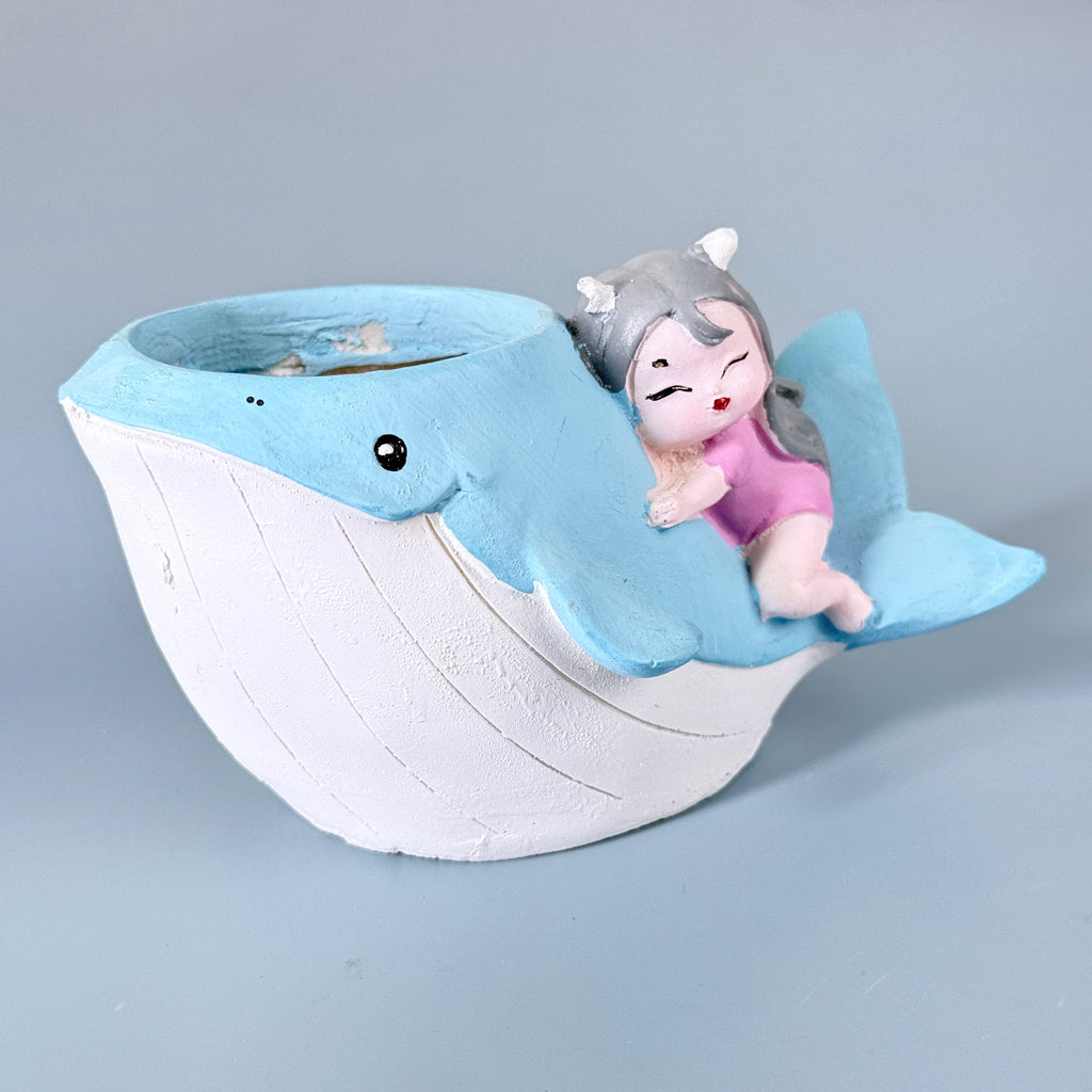 Cute Whale Girl Resin Planter Pot – Ocean Theme Mini Decorative Succulent Holder